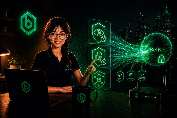 A promotional image for BelNet VPN showing a woman with glasses in a black polo shirt, alongside a laptop, mug, and router with floating security icons including shields and fingerprint scanners.