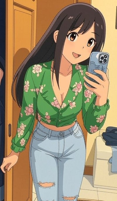 A young anime-style woman with long dark hair takes a selfie in a mirror, wearing a green floral crop top and ripped light blue jeans, holding a phone with a blue case featuring a faint design. The cheerful, relatable image pairs well with the post's friendly morning greeting and casual tone as the author introduces a discussion about evolving Web3 marketing strategies.