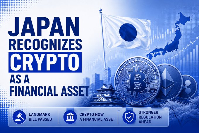 A bold blue-and-white graphic announces "JAPAN RECOGNIZES CRYPTO AS A FINANCIAL ASSET," featuring the Japanese flag waving over a cityscape with a pagoda, alongside physical representations of Bitcoin, Ethereum, and Ripple coins. Three banners at the bottom highlight "LANDMARK BILL PASSED," "CRYPTO NOW A FINANCIAL ASSET," and "STRONGER REGULATION AHEAD," visually reinforcing the post's news about Japan's regulatory reclassification of cryptocurrencies into the same category as stocks.