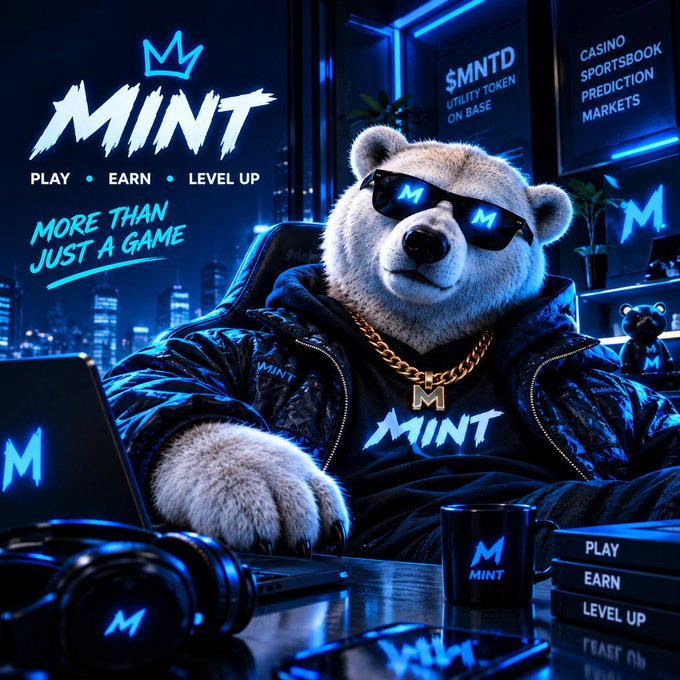 A polar bear wearing sunglasses and a jacket with "MINT" and "M" logos sits at a desk with a laptop and gaming accessories, with text reading "PLAY EARN LEVEL UP MORE THAN JUST A GAME".