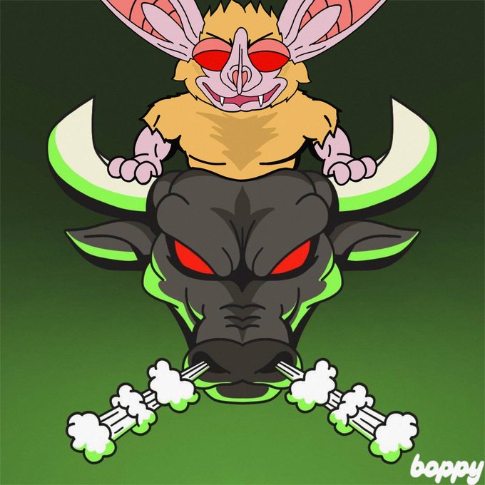 An illustration of a bat-like creature with large green-outlined ears and a smaller furry creature with red eyes sitting on top of it, with steam coming from its nostrils, signed 'boppy' in the corner.