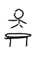 A simple black and white hand-drawn stick figure standing on a small platform or table.
