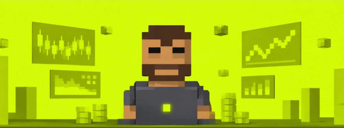 A bearded pixel-art character sits at a desk surrounded by floating financial charts, candlestick graphs, and coin stacks against a vibrant green background, visually representing the concept of NFTs actively trading in markets. The image cleverly illustrates the post's idea of Trader NFTs functioning as market participants rather than static digital art.