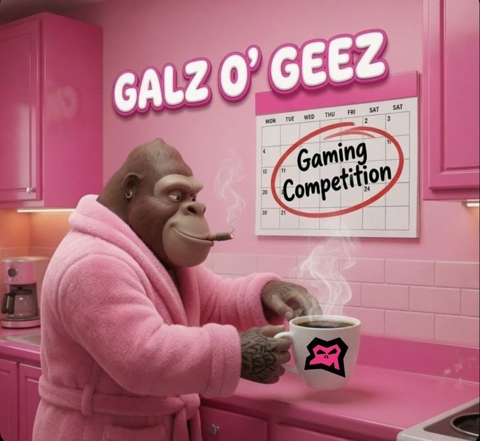 A gorilla wearing a pink bathrobe, smoking a cigar and holding a steaming mug with a gorilla logo, in a pink kitchen with 'GALZ O' GEEZ' text and a calendar marking 'Gaming Competition'.
