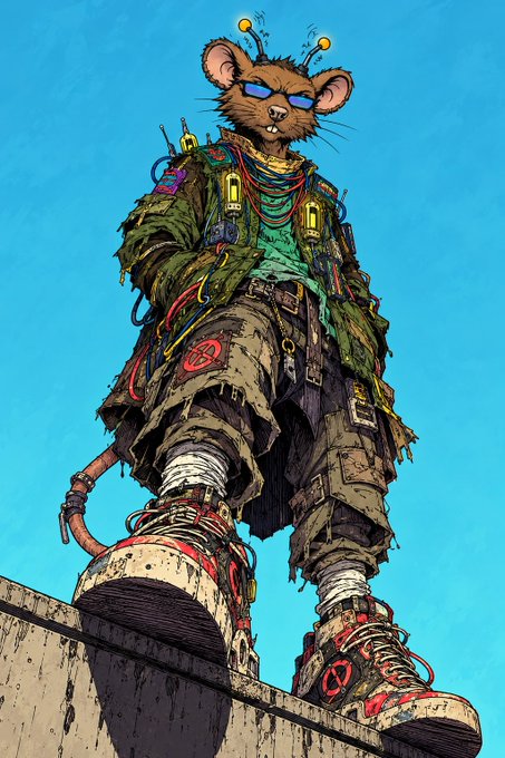 An illustrated anthropomorphic mouse character standing on a ledge, wearing sunglasses, a tattered green coat, patched cargo pants with pockets, and large sneakers, equipped with various gadgets and tools.