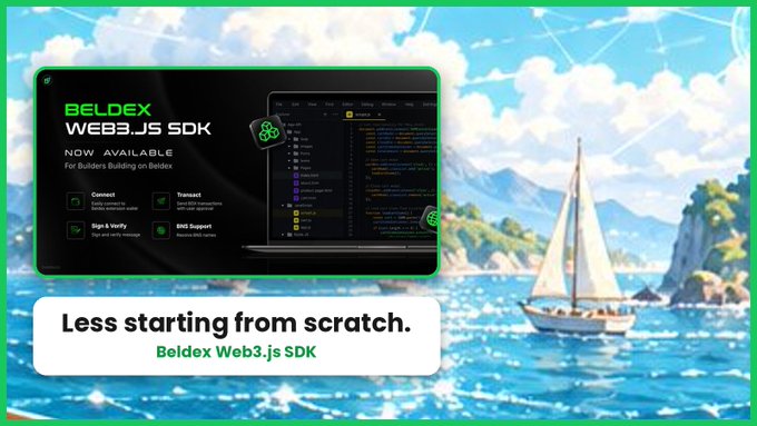 An advertisement for 'BELDEX WEB3.JS SDK' featuring a laptop displaying code against an anime-style ocean and sailboat background, with the text 'Less starting from scratch.'