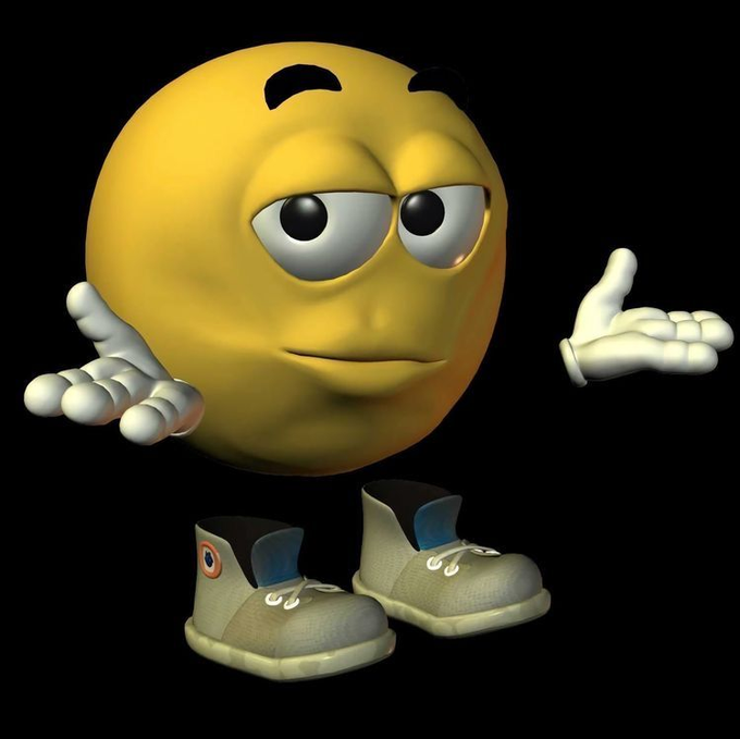 A 3D yellow emoji face with a smug expression, white gloves, and gray boots on a black background.