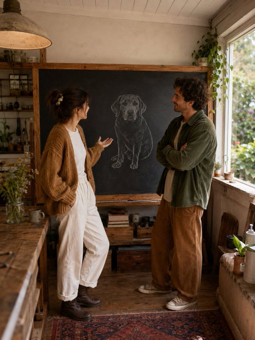 A warm, rustic interior scene of a woman and man standing on either side of a large chalkboard featuring a chalk drawing of a Labrador dog, surrounded by plants, wooden furniture, and soft natural lighting.