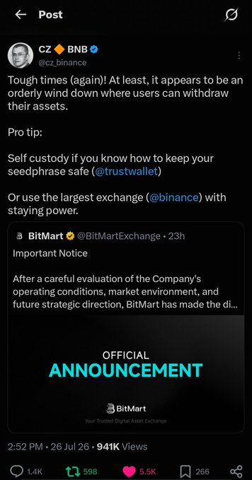 A screenshot of a post by CZ (@cz_binance) discussing market conditions and self-custody, quoting an official announcement from BitMart (@BitMartExchange) about withdrawing assets.