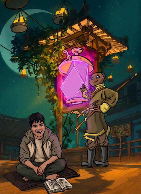An illustration of a smiling young person sitting cross-legged on a cushion reading a book, next to a tall figure holding a staff, with a glowing purple hourglass-like object and hanging lanterns in the background.