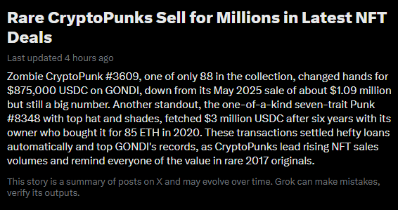 A news article screenshot titled "Rare CryptoPunks Sell for Millions in Latest NFT Deals" detailing sales of Zombie CryptoPunk #3609 for $875,000 USDC and Punk #348 for $3 million USDC.