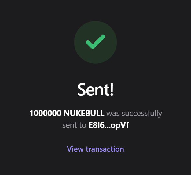 A confirmation screen shows 1,000,000 NUKEBULL tokens were successfully sent to wallet address E8l6...opVf, with a "View transaction" link. This appears to serve as proof of an airdrop payout for the promoted Nukebull Solana giveaway.