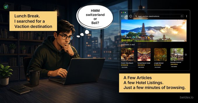 An illustrated scene showing a man with glasses at a laptop with a thought bubble wondering 'HMM switzerland or Bali?', alongside a screenshot of vacation destinations including 'Hotels in Bali' and 'A Few Articles' about hotel listings.