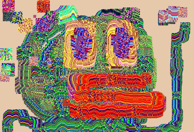 A heavily glitched, distorted digital image resembling a pixelated face with bright multicolored patterns, evoking datamosh or corrupted file aesthetics.