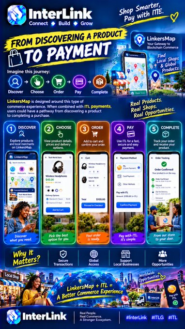 An infographic for InterLink promoting its LinkersMap feature, illustrating a 5-step process: Discover, Choose, Order, Pay, and Complete.
