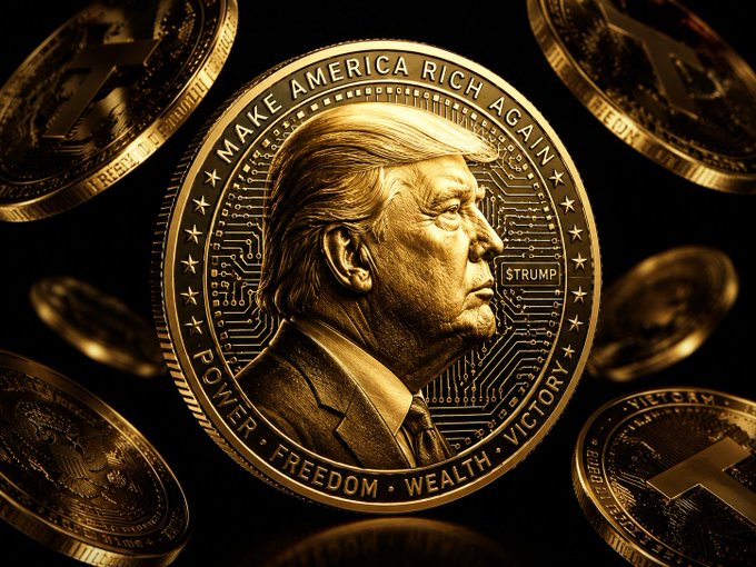 We need to write a concise 1-2 sentence caption describing what is in the image, including any key text, numbers, tickers, or names visible. Also note how the image relates to the accompanying post. The post mentions crypto, memecoins, Solana, 1 million wallets lost $3.81B, power, personal branding, market greed. The image shows a gold coin with Donald Trump's portrait, text "MAKE AMERICA RICH AGAIN", "STRIMP" (maybe a meme coin name), "POWER", "FREEDOM", "WEALTH", "VICTORY". Also other coins with a T logo (maybe Tron?). The image is about a meme coin tied to Trump, linking power, branding, and greed.

We need to include key text: "MAKE AMERICA RICH AGAIN", "STRIMP", "POWER", "