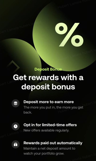 A dark promotional graphic advertises a deposit bonus with a green percent symbol and lists features like 'Deposit more to earn more,' 'Opt in for limited-time offers,' and 'Rewards paid out automatically.'