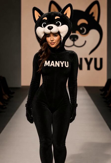The image features a woman wearing a black cat costume with a mask, walking down a runway. The caption for the photo reads "She walks different. MANYU @RealManyu #MANYU". This suggests that the woman's outfit is inspired by the popular Japanese cartoon character, Manou.