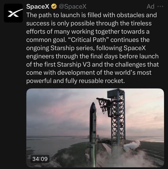 This is an ad from SpaceX on X, featuring a Starship rocket on a launchpad, which complements the post's question about why SpaceX is advertising on its own platform.