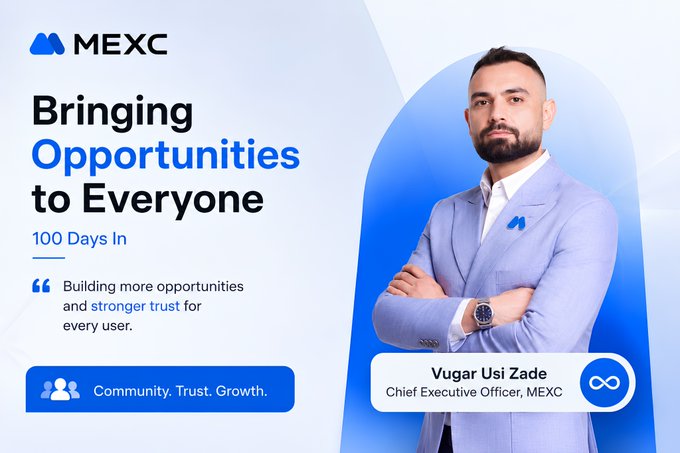 A promotional graphic for the MEXC cryptocurrency exchange featuring a man in a light blue suit. Text reads 'MEXC Bringing Opportunities to Everyone', '100 Days In', 'Building more opportunities and stronger trust for every user.', and identifies the man as 'Vugar Usi Zade, Chief Executive Officer, MEXC'.