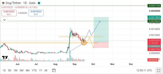 The image shows a TradingView daily chart of DOG/USDT on Gate.io, priced at 0.0010222 with a -0.13% change, featuring hand-drawn trendline annotations and a shaded projection box highlighting a retest of the flipped support level near 0.000965–0.001000 after the early-September breakout—visually reinforcing the post's thesis that holding this zone could fuel the next bullish leg while losing it targets lower liquidity.