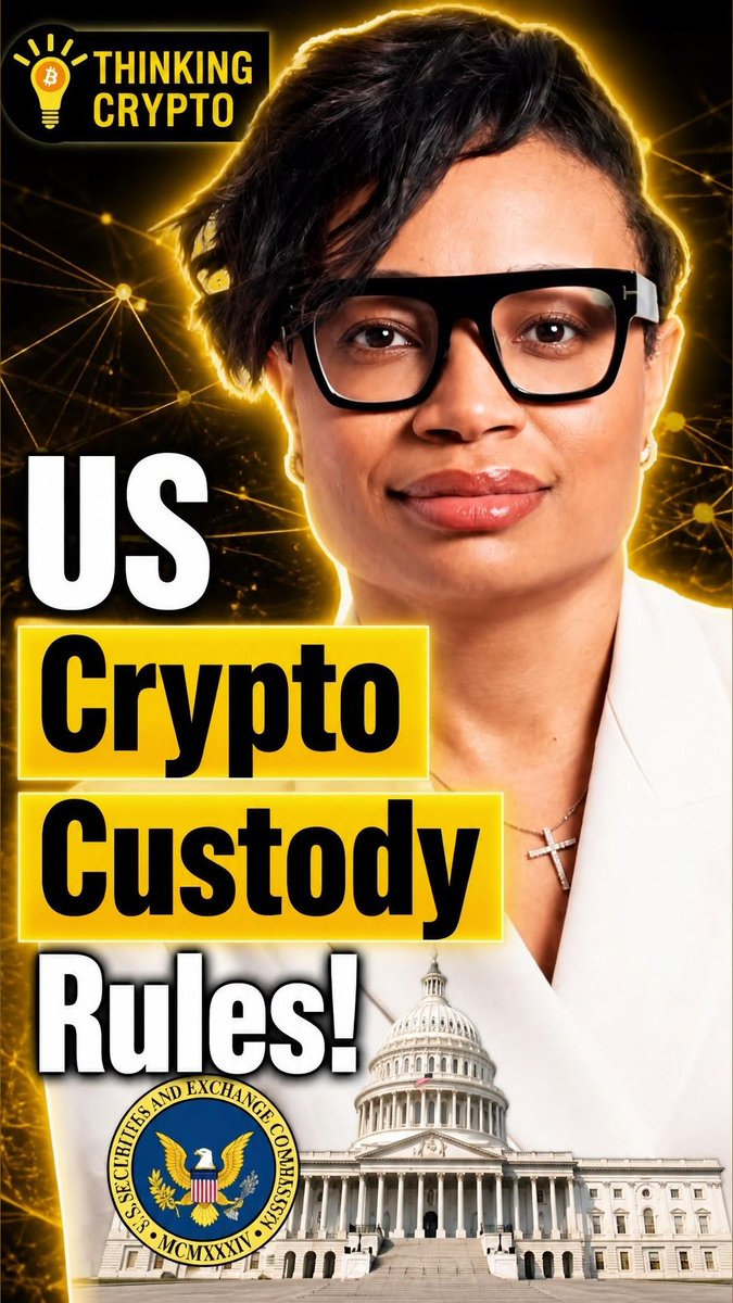 A YouTube thumbnail from "Thinking Crypto" featuring Tiffany Smith in glasses against a glowing yellow network background, with bold text reading "US Crypto Custody Rules!" alongside the SEC seal and the U.S. Capitol building, promoting her interview explaining how the SEC's updated custody rules could enable Wall Street to go fully on-chain and boost institutional crypto adoption.