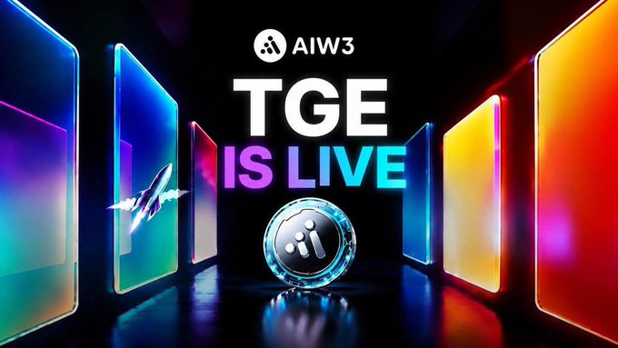 A promotional graphic with neon-lit panels in a dark hallway, featuring the text 'AIW3 TGE IS LIVE' in the center with the AIW3 logo at the top and bottom.