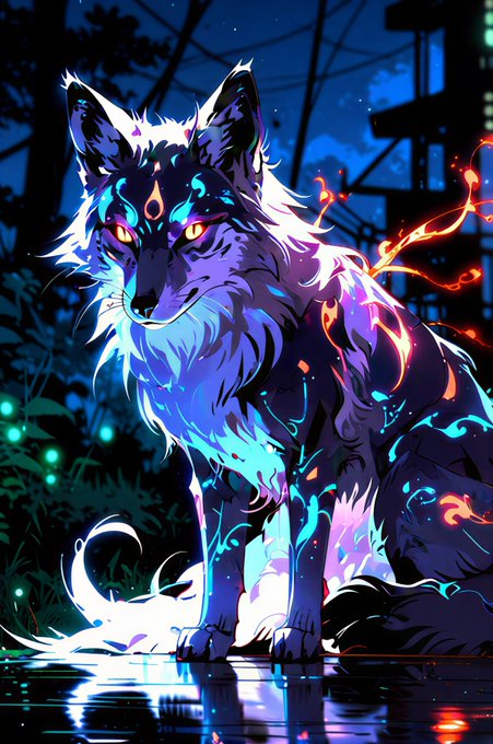 A vibrant digital illustration of a wolf-like creature with glowing blue, purple, and red mystical markings, sitting in a dark, rainy environment with reflections on the wet ground.