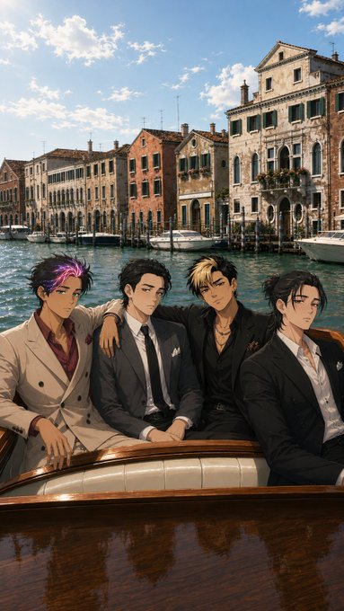 An anime-style illustration of four young men in formal suits sitting in a boat on a Venetian canal, with historic buildings and boats visible in the cityscape behind them.