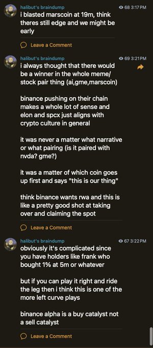 A screenshot of a Telegram chat from 'halbüt's braindump' discussing meme/stock pair trading involving MARSCOIN, binance, and crypto narratives, with timestamps from 6:17 PM to 6:22 PM.