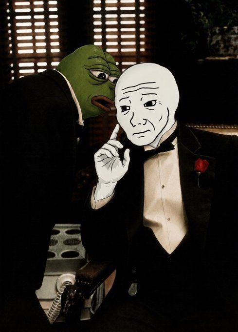 A meme image featuring the Wojak face superimposed onto a man in a tuxedo, with a Pepe the Frog character whispering in his ear, set in a dimly lit room with venetian blinds.