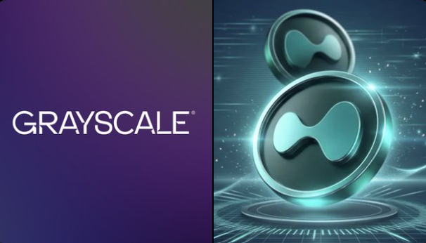 The image features a purple background with two coins, one green and one black, placed on top of each other. The text "Grayscale" is written above the coins, and below them, there's another text that reads "WHALE WATCH: The fee war for $HYPE is officially heating up. Grayscale just set their sponsor fee at 0.29 percent. This cleanly undercuts the competing products from Bitwise and 21Shares. Lower fees usually mean more capital will flow into the asset over time."