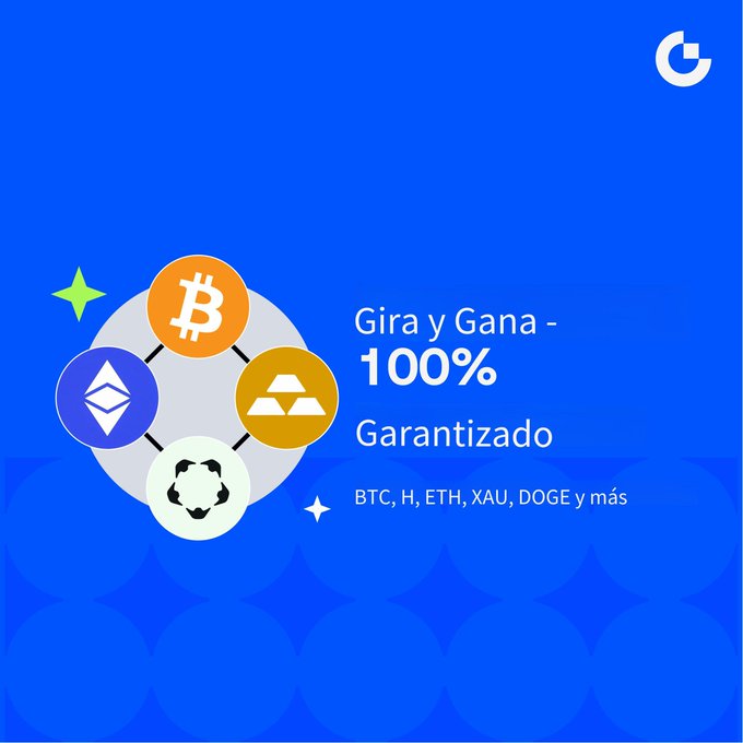 A blue promotional graphic with a 'G' logo in the top right features cryptocurrency icons (Bitcoin, Ethereum, and others) orbiting a center, with text reading 'Gira y Gana - 100% Garantizado' and 'BTC, H, ETH, XAU, DOGE y más'.