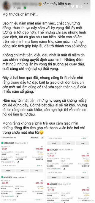 A social media post in Vietnamese discusses how crypto profits depend on risk management and accepting small losses to avoid being wiped out, paired with a screenshot showing significant losses—including DOGEUSDT down -30.21%, BANUSDT down -825.74%, BNBUSDT down -461.16%, and AAVEUSDT down -378.04%—visually reinforcing the lesson that the market can harshly punish traders who fail to manage risk.