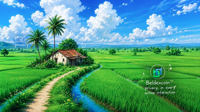 A bright, animated landscape illustration shows a small house surrounded by lush green rice paddies with palm trees, a winding stream, and distant mountains, featuring text 'peace is privacy' on the left and a 'Beldexcoin privacy in every online interaction' logo on the right.