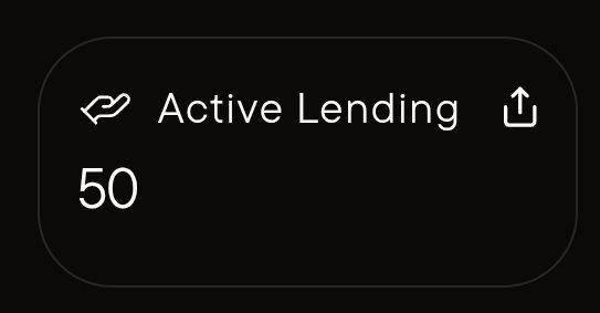 A dark digital interface widget displaying "Active Lending" with a hand-holding icon and a share/upload icon, showing the number 50.