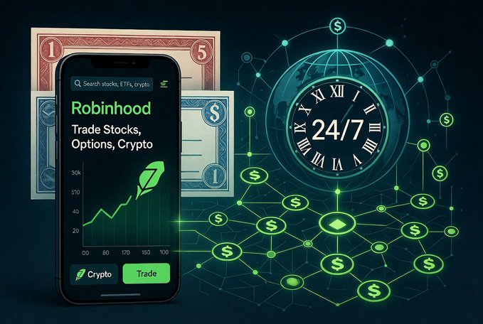 Promotional graphic for the Robinhood trading app featuring a smartphone displaying the app interface with the tagline 'Trade Stocks, Options, Crypto' alongside a 24/7 trading clock and currency imagery.