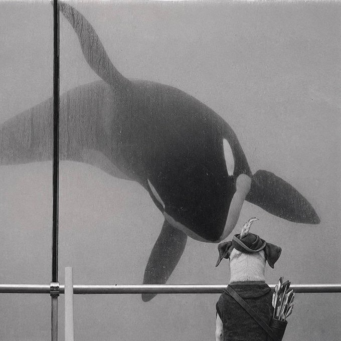 A black and white image of a large orca swimming behind a glass partition, viewed from behind a small figure. The image relates to the post by using a surreal, dreamlike aesthetic to visually represent the "wishbone" or "dream" theme implied by the accompanying text.