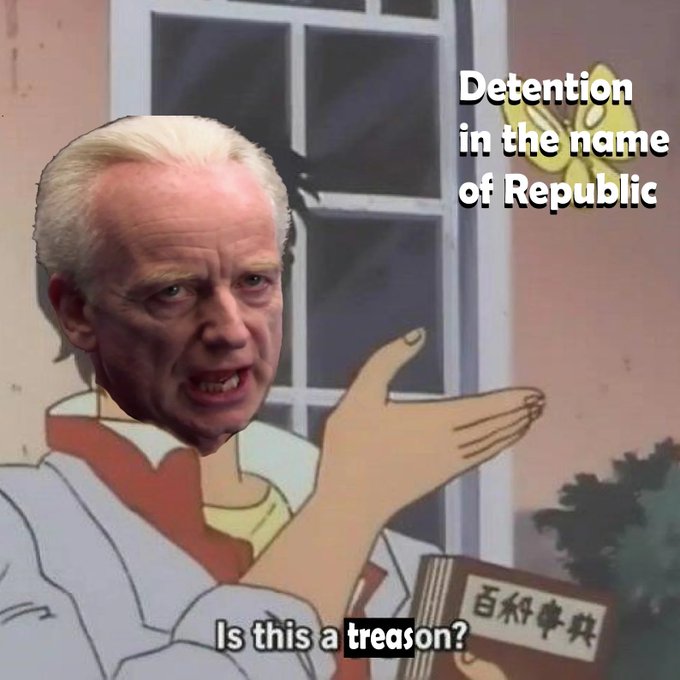 The image is a cartoon of a stern man with a real human face edited onto it, pointing accusingly with text reading "Detention in the name of Republic" and "Is this a treason?" while holding a book. The meme satirizes unjust accusations of treason to silence dissent, relating to the post's message about not waiting for permission to speak—suggesting that taking action without approval often gets mislabeled as a crime against authority.