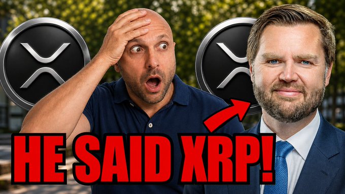 A shocked man clutches his head with the XRP logo behind him, while a red arrow points to another man in a suit, as large red text reads "HE SAID XRP!". This image relates to the post by visually emphasizing the surprise and significance of a prominent figure mentioning XRP.