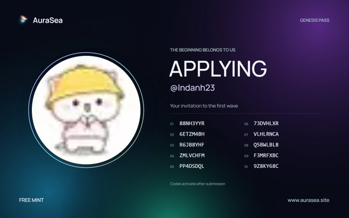 An AuraSea Genesis Pass application screen for user '@Indanh23' displaying ten invitation codes against a dark gradient background.