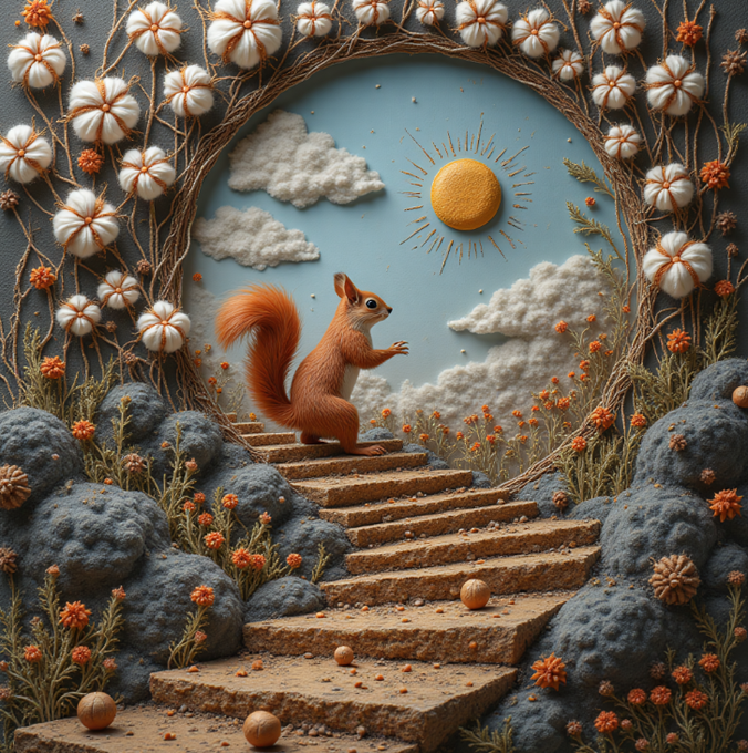 A detailed diorama-style artwork shows a red squirrel climbing stone steps framed by a floral arch, with a sun and clouds visible through the opening.