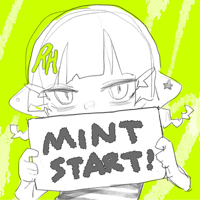 A sketched illustration of an anime-style character holding a sign reading 'MINT START!' against a bright lime-green background with the initials 'RH' on her hairclip.