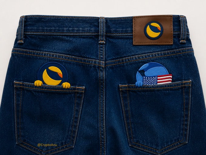An illustration of denim jeans back pockets featuring a Terra (LUNA) cryptocurrency logo character peeking from one pocket and a Bitcoin character with an American flag cape from the other, watermarked @CryptoAnu.