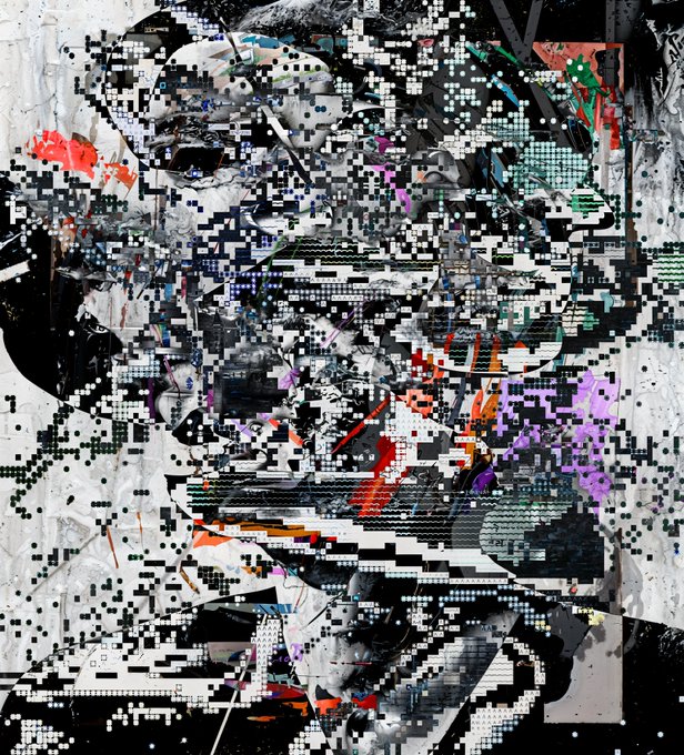 A complex abstract digital artwork or mixed media piece featuring a chaotic composition of pixelated grids, white geometric patterns, and splashes of bright colors like purple, red, green, and blue over a dark background.