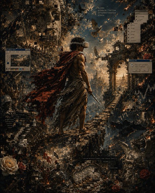 A digital artwork depicts a warrior wearing a VR headset and a flowing red cape, standing on a crumbling stone path amidst a glitching, fragmented fantasy landscape with floating UI windows and coordinate numbers.