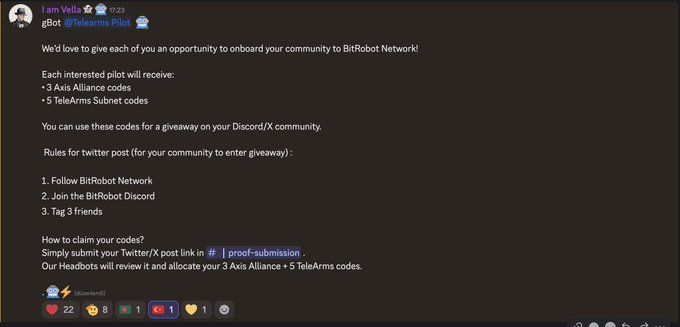 Discord message from "iam Vella" (@Teleams Pilot, 17:23) announcing a BitRobot Network community pilot opportunity, offering 3 Axis Alliance codes and 5 TeleArms Subnet codes per interested pilot for a giveaway, with rules requiring participants to follow BitRobot, join Discord, and tag 3 friends, and instructions to submit Twitter/X post links in the #proof-submission channel.