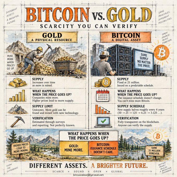 An infographic titled "BITCOIN vs. GOLD: SCARCITY YOU CAN VERIFY" compares gold as a physical resource to Bitcoin as a digital asset, covering supply, price response, supply limits, and verification methods, ending with "DIFFERENT ASSETS. A BRIGHTER FUTURE."