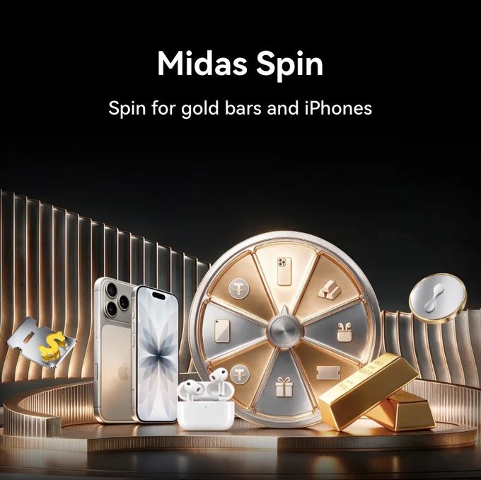A promotional graphic for 'Midas Spin' advertises spinning for prizes, featuring a golden wheel surrounded by iPhones, AirPods, and gold bars.