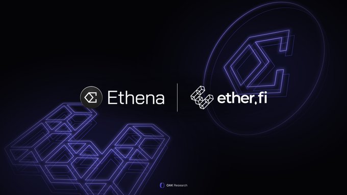 The image displays the Ethena and ether.fi logos side by side against a dark background with purple neon geometric designs, visually representing the partnership announced in the post where ether.fi launched its own Ethena-issued stablecoin through a Whitelabel solution.